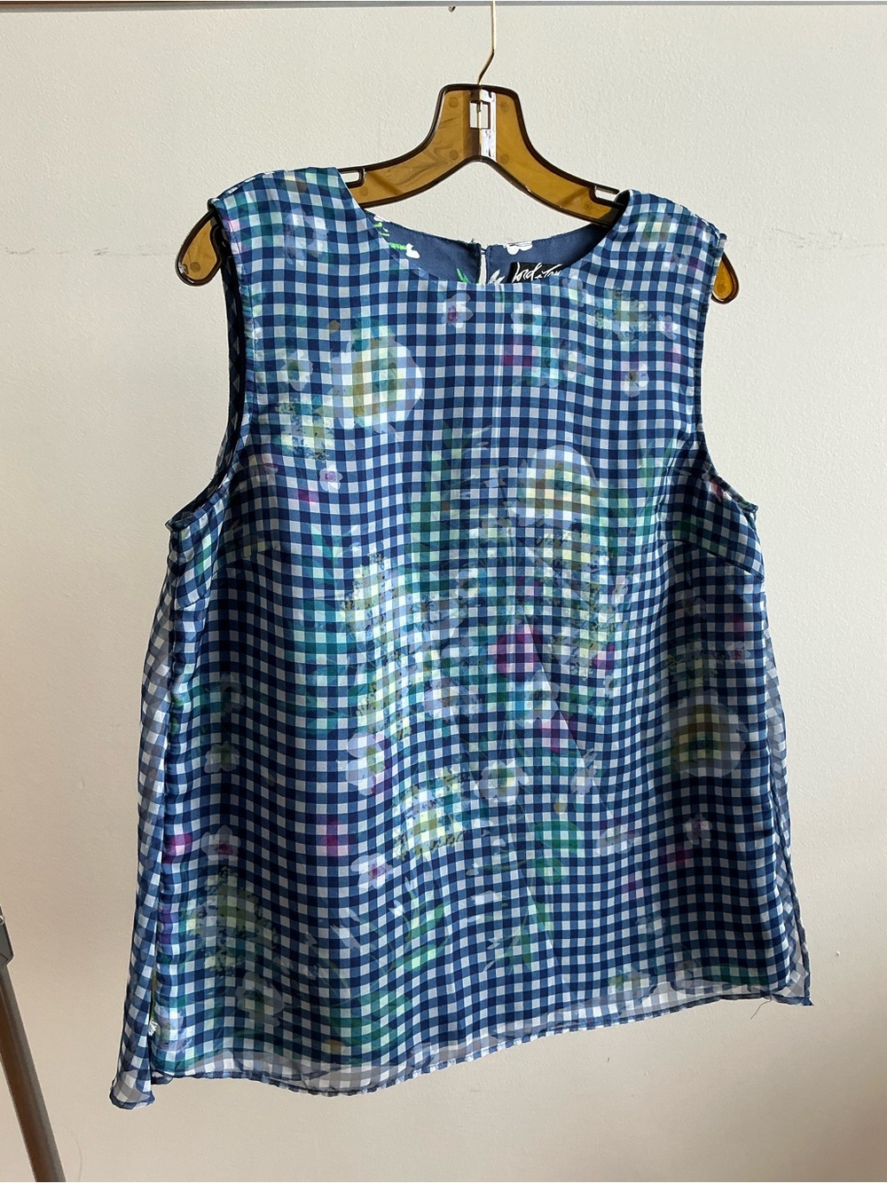 Lord & Taylor Blue Gingham Floral Sleeveless Top